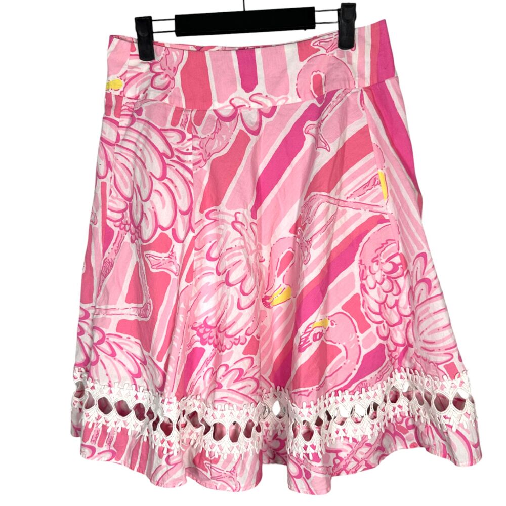 Lilly Pulitzer Vintage White Label Flamingo Pink Lace A Line Midi Skirt Size 4